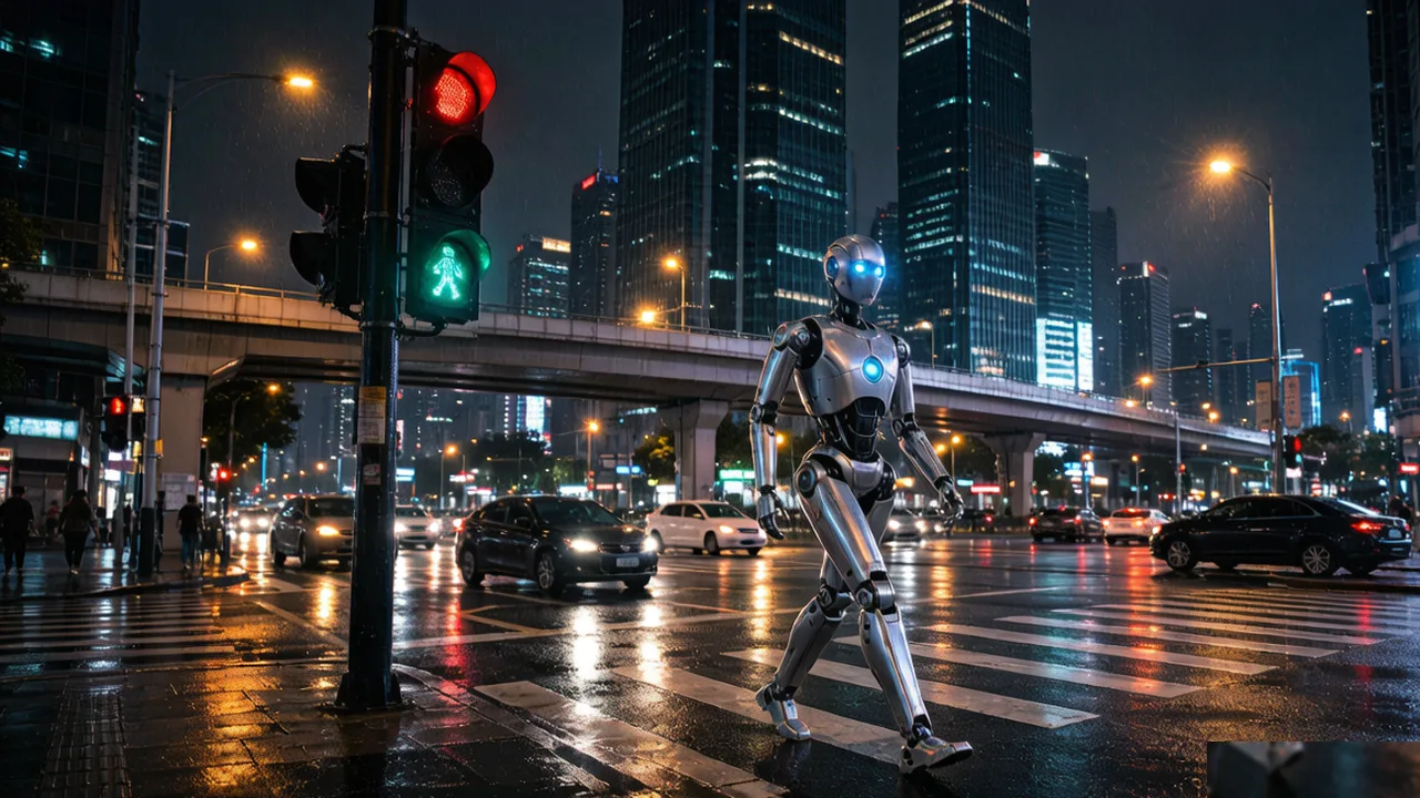 十字路口 人形机器人穿行